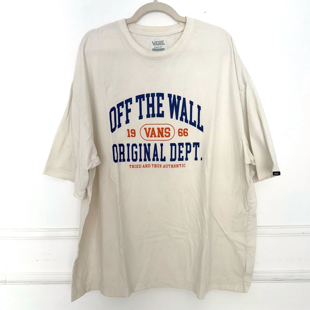 Vans Graphic T-Shirt Mens XL Cream Off The Wall‎ Original Dept Baggy Fit Tee